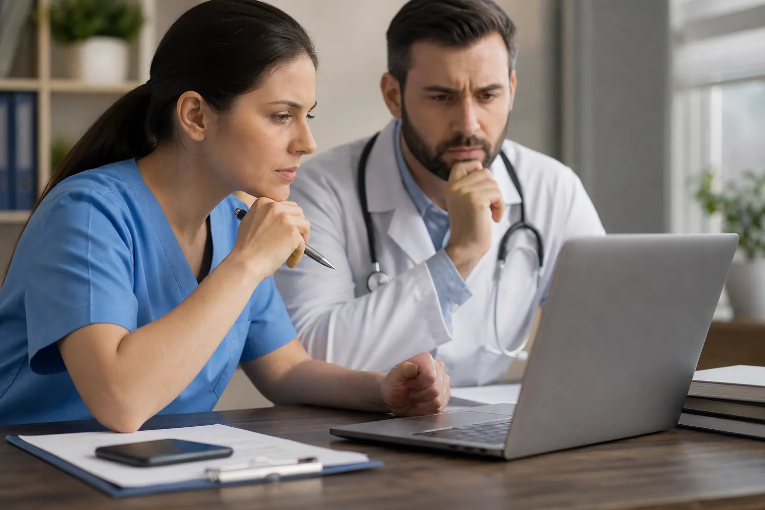 Two healthcare professionals study a laptop at a desk with a clipboard, smartphone, and stacked books.