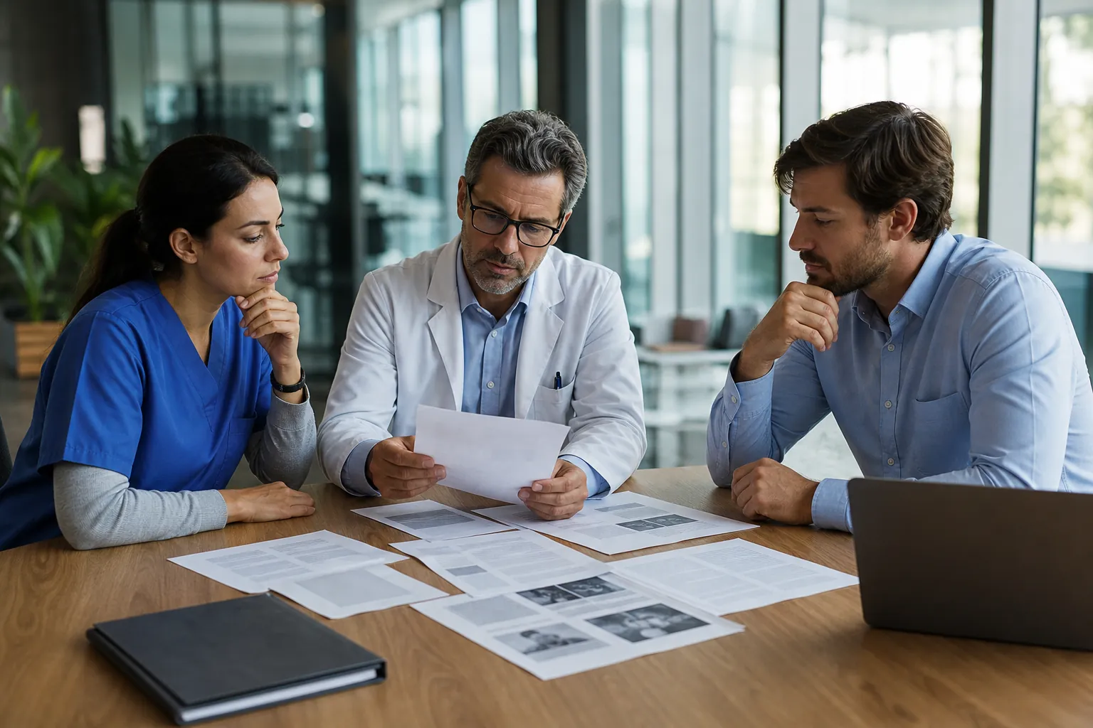 A doctor, a woman in blue scrubs, and a man review printed documents at a table with a laptop and closed binder.
