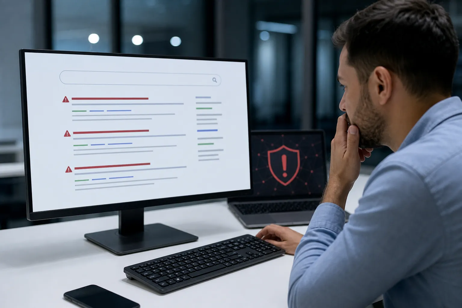 A man studies search results marked with red warning icons on a monitor beside a laptop displaying a shield alert.