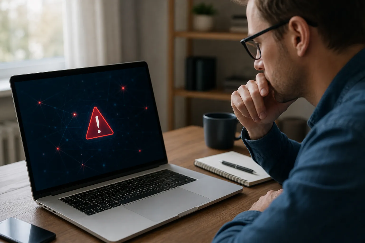 A man wearing glasses rests his hand against his chin while viewing a red warning triangle on a laptop screen.