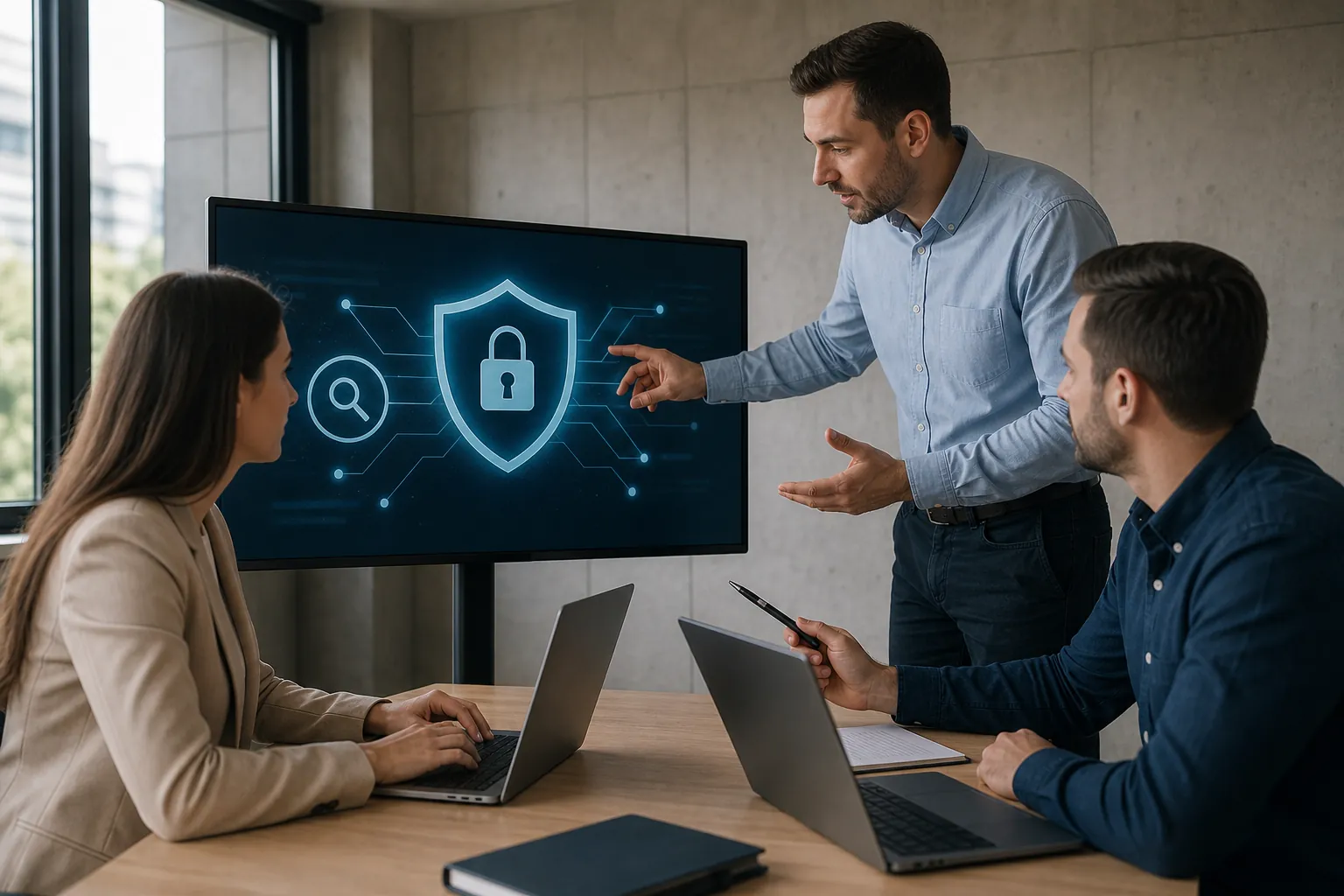 Three colleagues meet around laptops while a standing man gestures toward a monitor showing a shield, padlock and search icon.