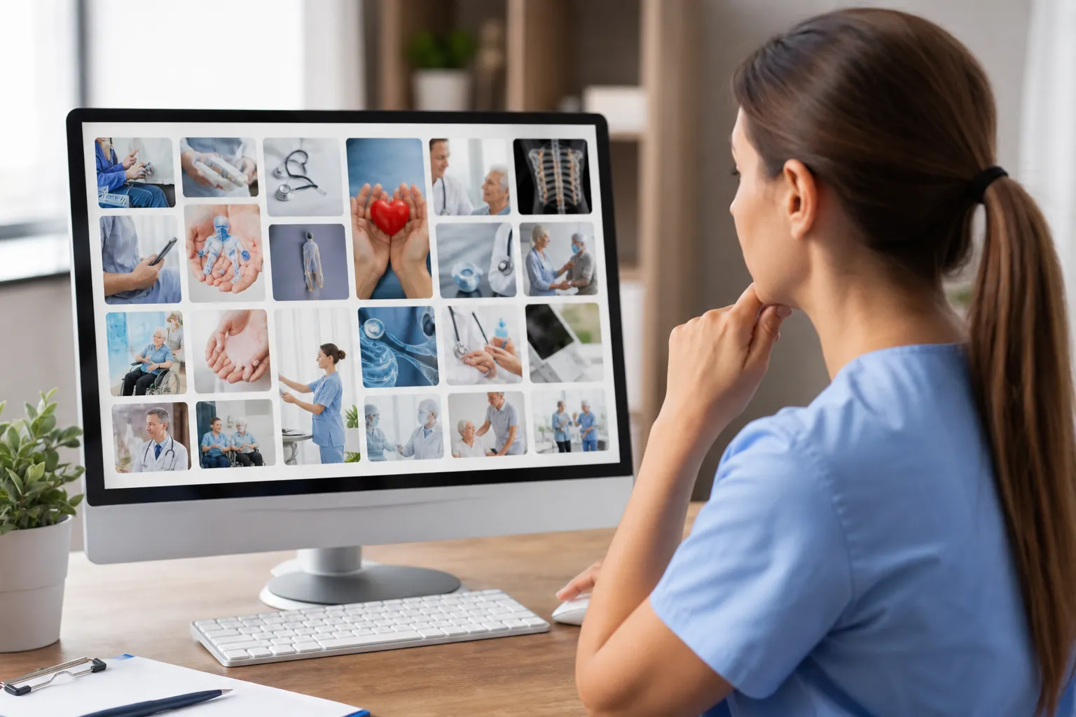 Woman in blue scrubs views a grid of healthcare pictures on a desktop monitor, resting one hand beneath her chin.