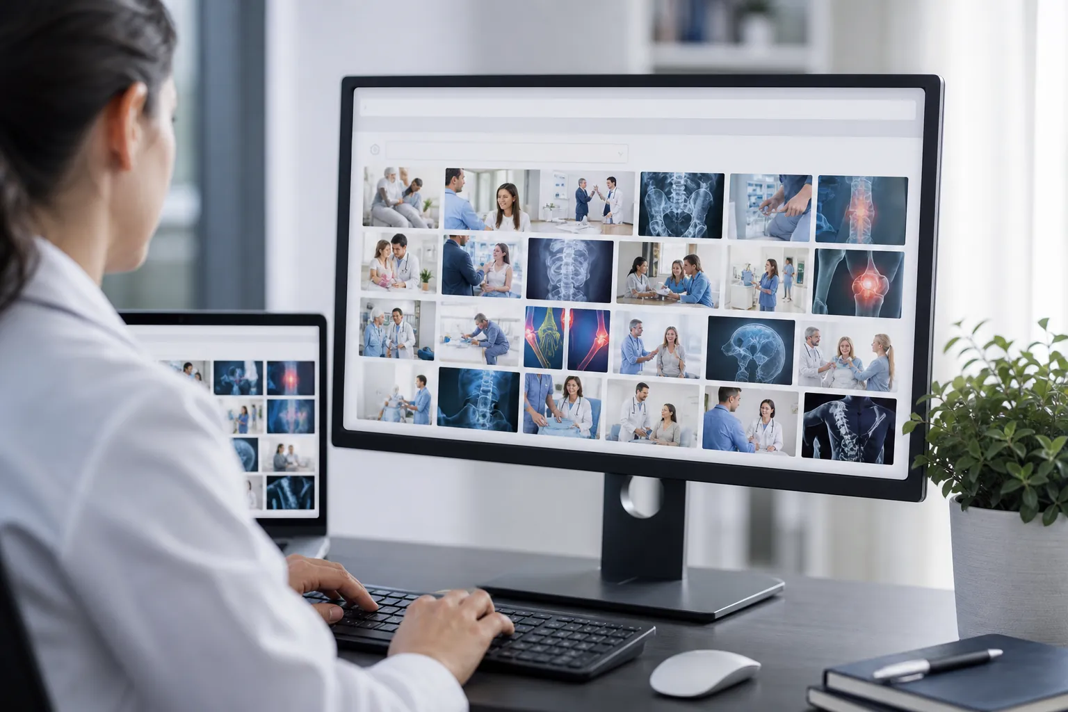 Browsing Healthcare Images on a Desktop Monitor A person in a white coat browses healthcare image thumbnails and X-rays on a desktop monitor beside a laptop.
