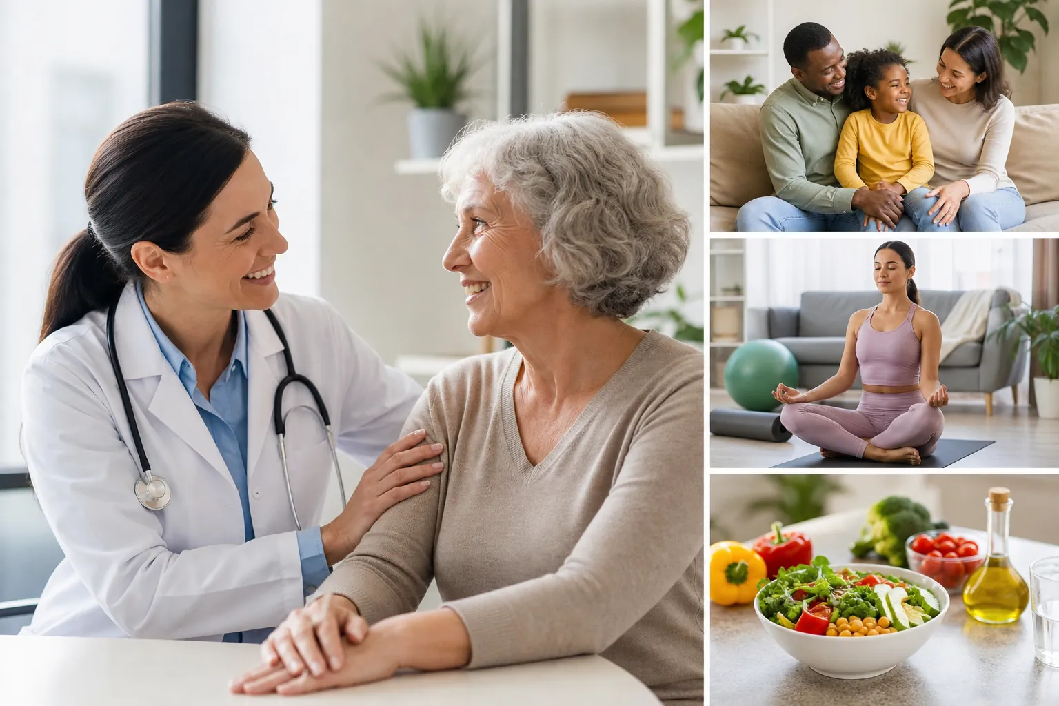 Healthcare and Wellness Photo Collage Collage of a doctor with an older woman, a family on a sofa, a woman practicing yoga, and a salad with vegetables.