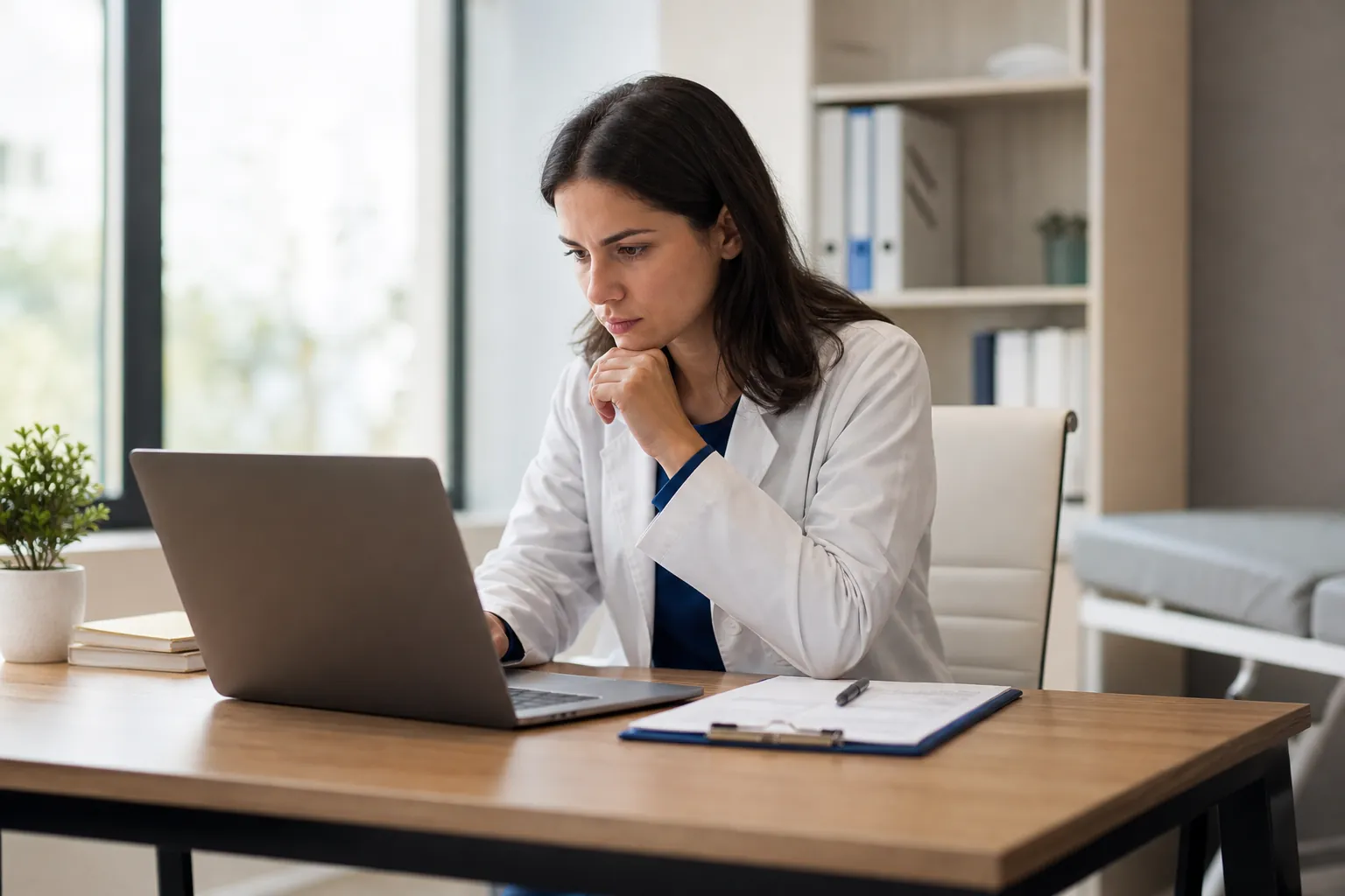 A woman in a white medical coat studies a laptop at a wooden desk, with a clipboard and pen beside her.