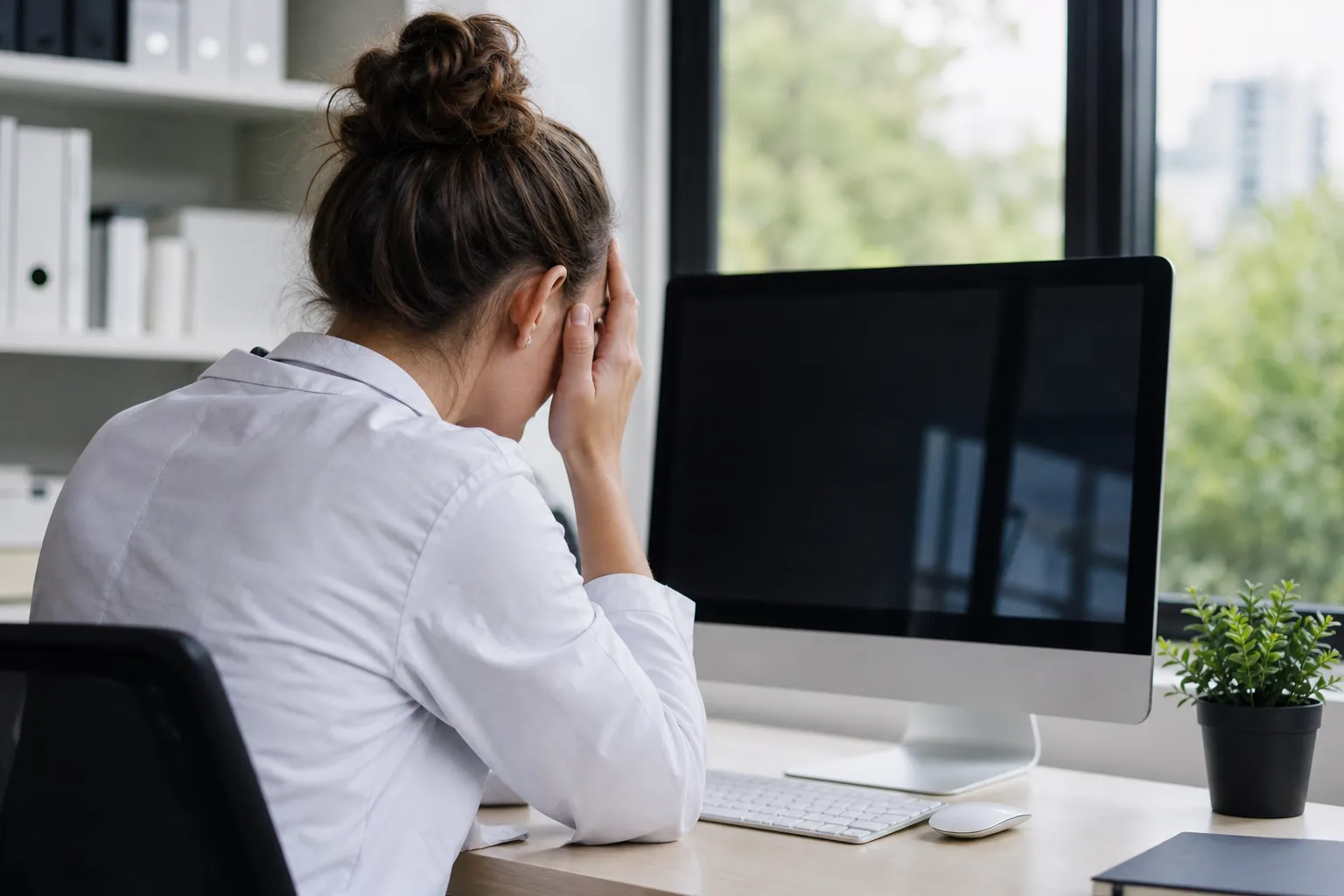 A woman in a white coat holds her forehead at a desk with a blank desktop monitor, keyboard, mouse, and potted plant.