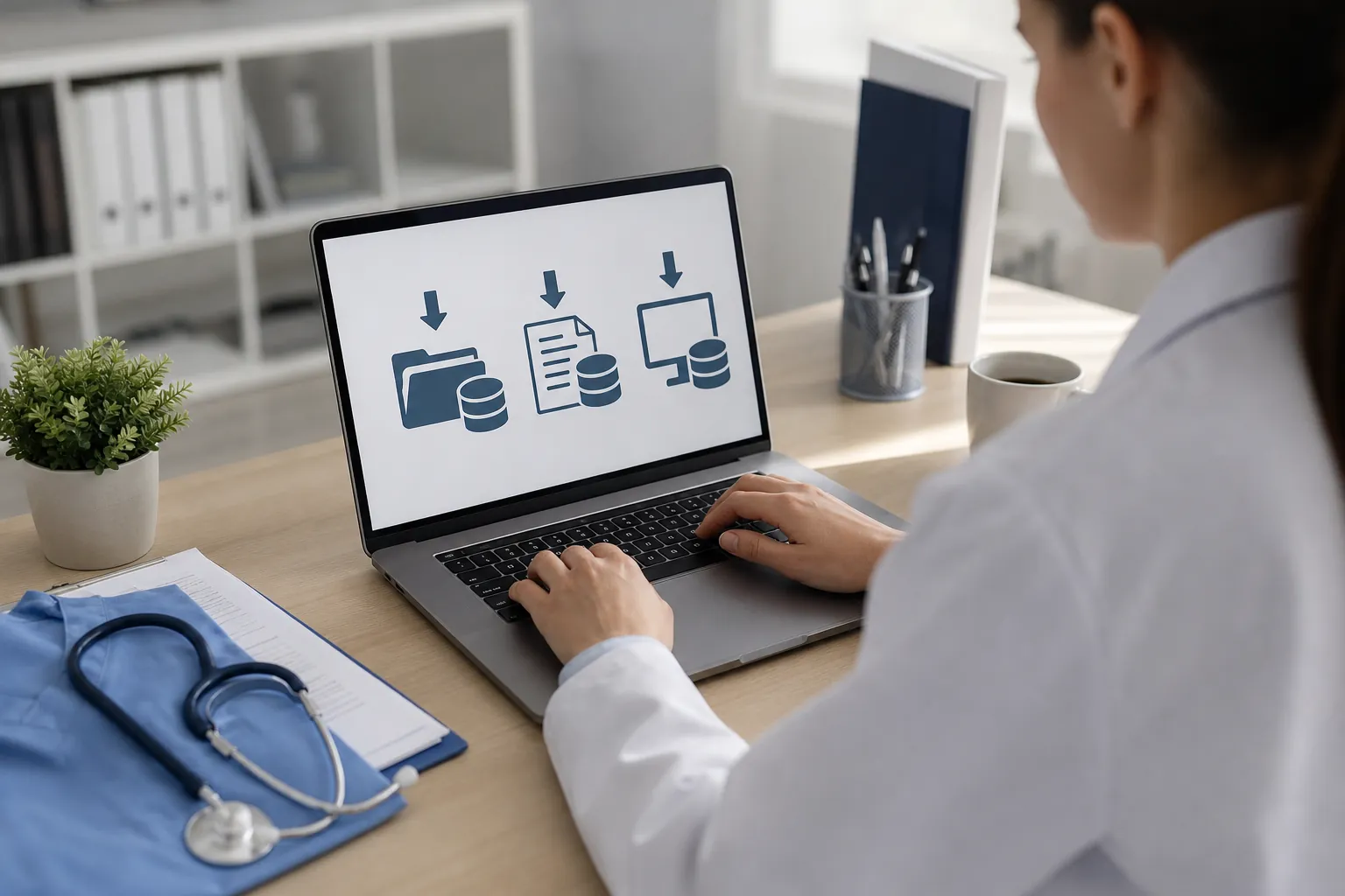 A clinician uses a laptop displaying file and database backup icons, with a stethoscope and clipboard on the desk.