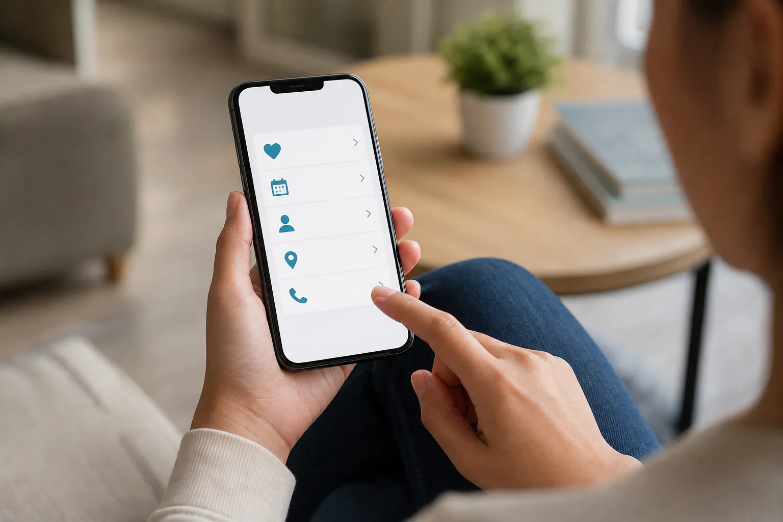 A seated person taps a smartphone menu showing heart, calendar, profile, location and phone icons with navigation arrows.