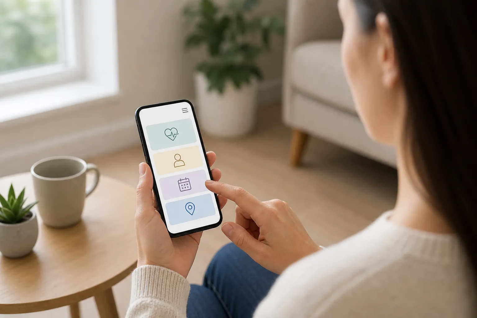 A seated woman taps a smartphone displaying healthcare navigation icons for a heart, person, calendar, and location.