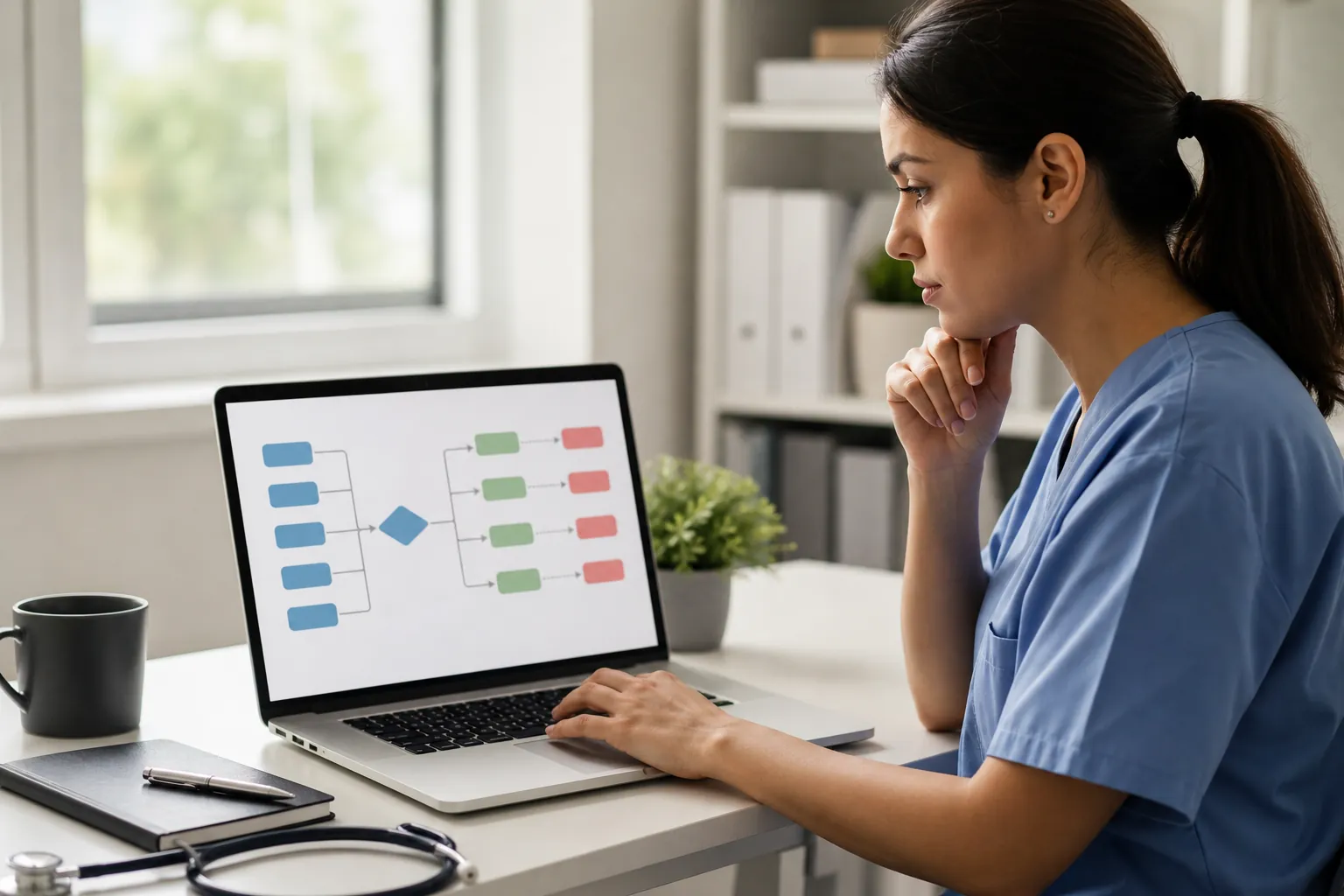 A woman in blue scrubs studies a colored flowchart on a laptop, with a stethoscope, notebook and mug on the desk.