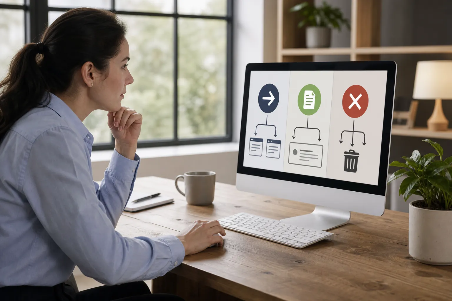 Reviewing Redirect, Notice, and Page Removal Options Woman at a wooden desk studies a monitor showing arrow, document, and delete icons above branching page diagrams.