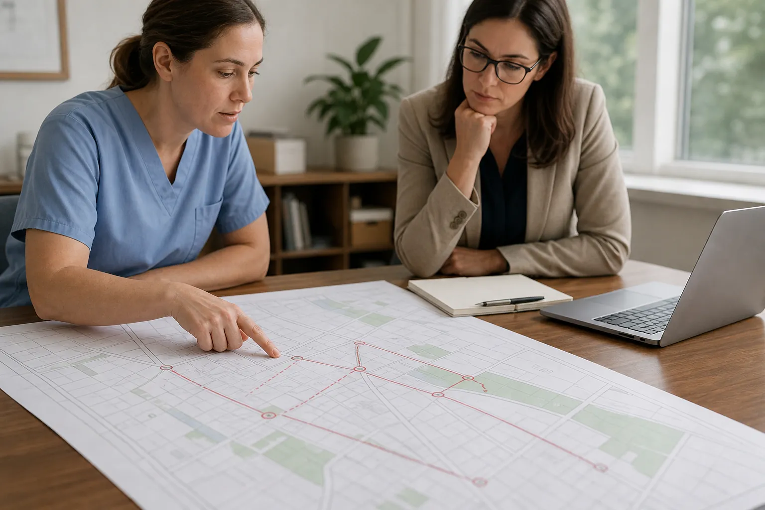 Healthcare Staff Reviewing a Map with Connected Locations A woman in blue scrubs points to a large street map with red connected markers as a woman in glasses watches beside a laptop.