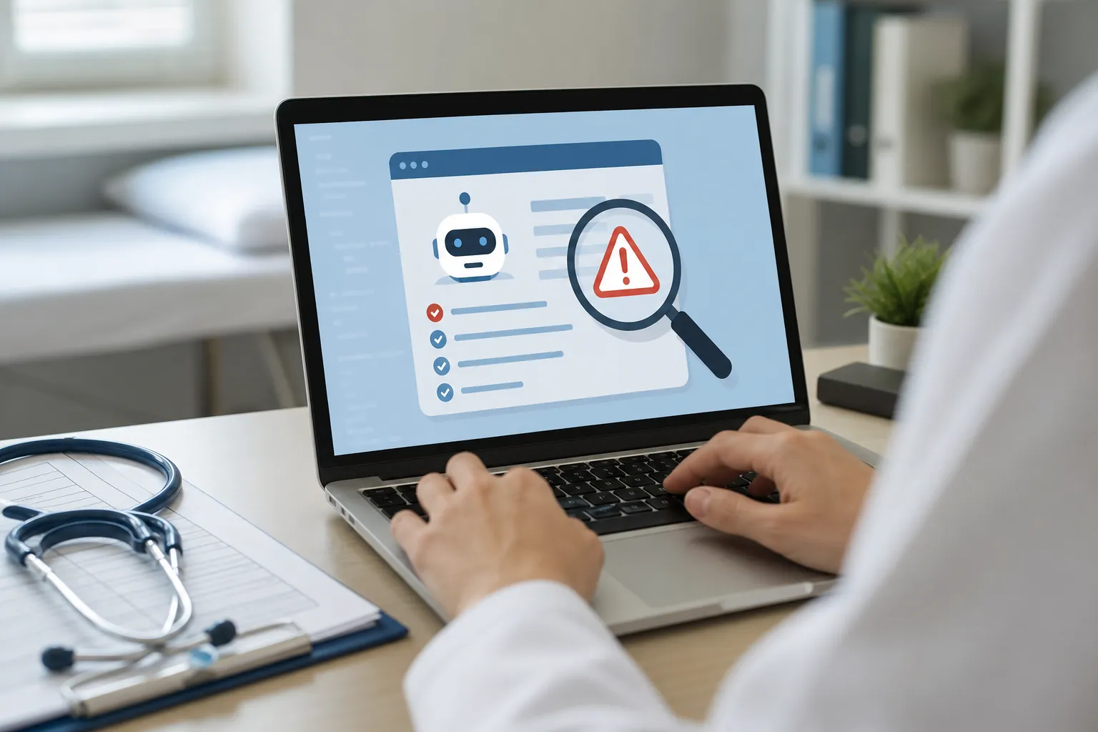 A person in a white coat uses a laptop showing a robot icon and warning symbol, with a stethoscope and clipboard nearby.