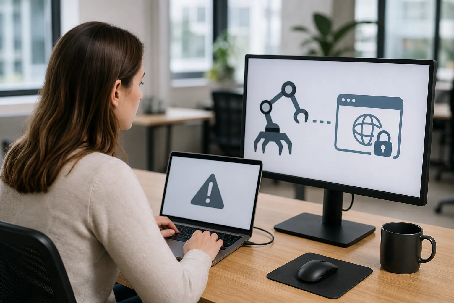 Woman at a desk views a robot arm and locked website icon on a monitor, with a warning symbol on her laptop.
