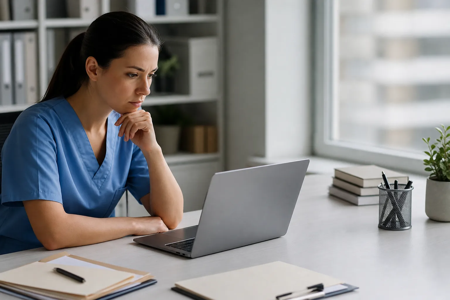 A woman in blue medical scrubs rests her chin on her hand while studying a laptop at a desk beside a window.