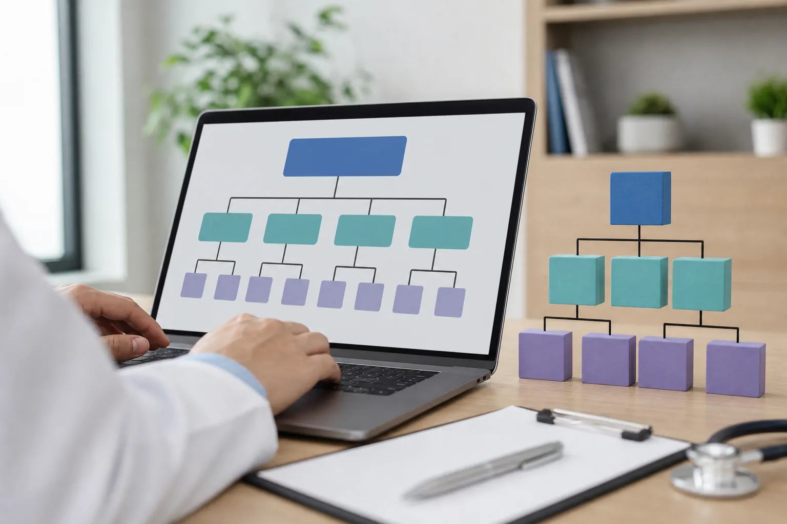 Person in a white coat using a laptop displaying a hierarchy chart, with a matching block diagram, clipboard and stethoscope nearby.