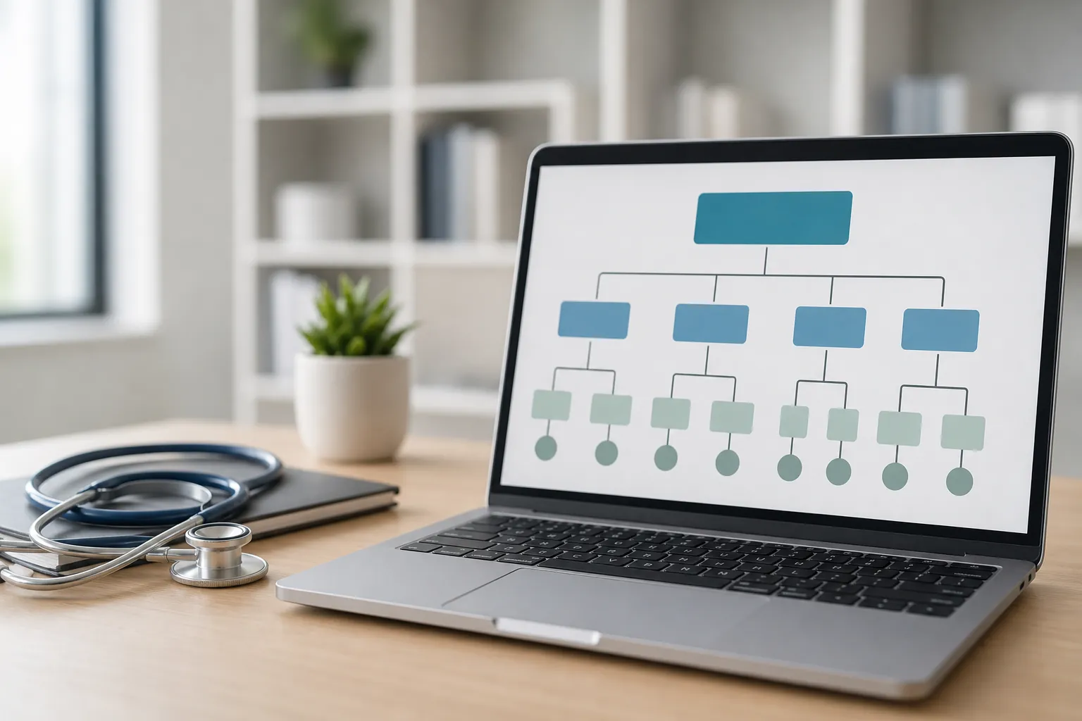 Healthcare Website Structure Diagram on a Laptop Laptop displaying a hierarchical site structure diagram beside a stethoscope, notebooks, and a potted plant on a wooden desk.