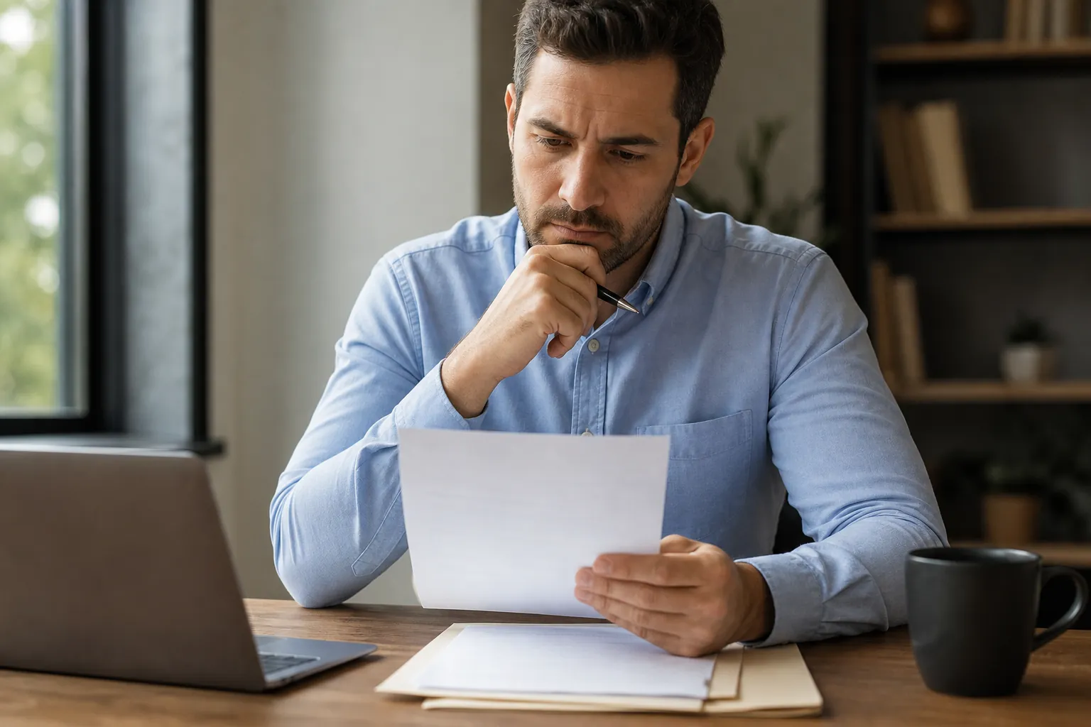 A man in a blue shirt studies a sheet of paper while holding a pen, with a laptop, folder and black mug on the desk.