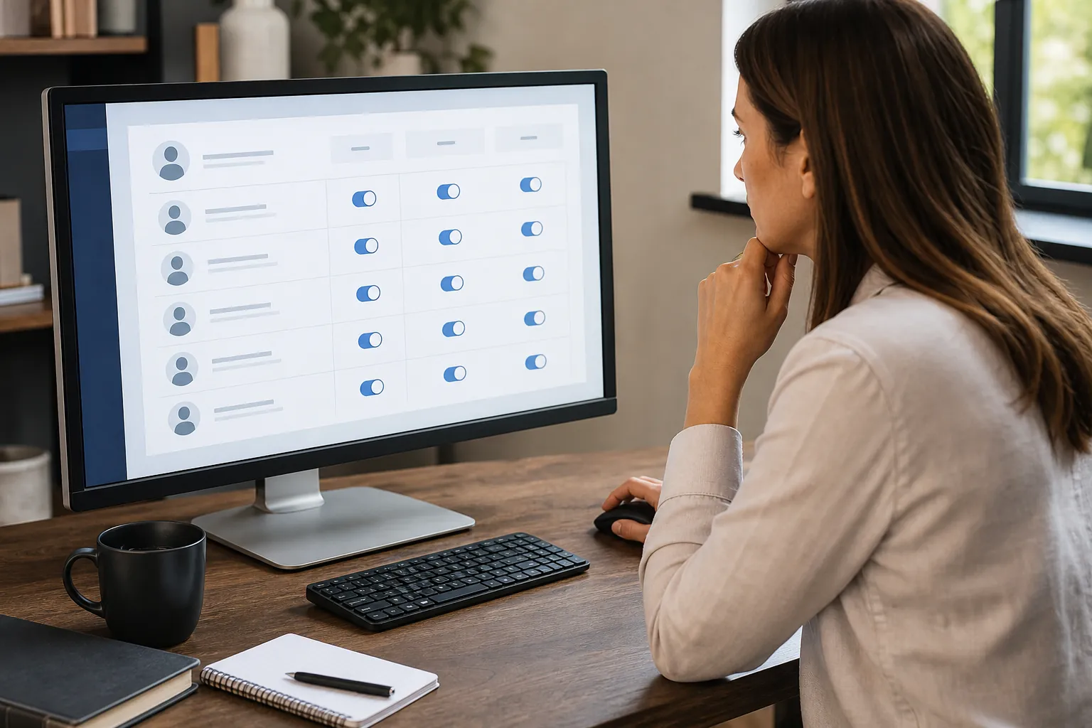 A woman at a wooden desk reviews a user permissions grid with profile icons and blue toggle switches on a monitor.