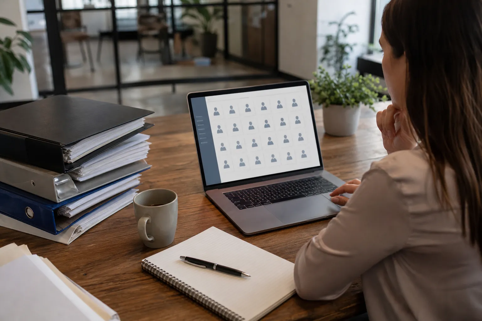 A woman reviews a grid of user icons on a laptop at a wooden desk with stacked binders, a mug, and an open notebook.