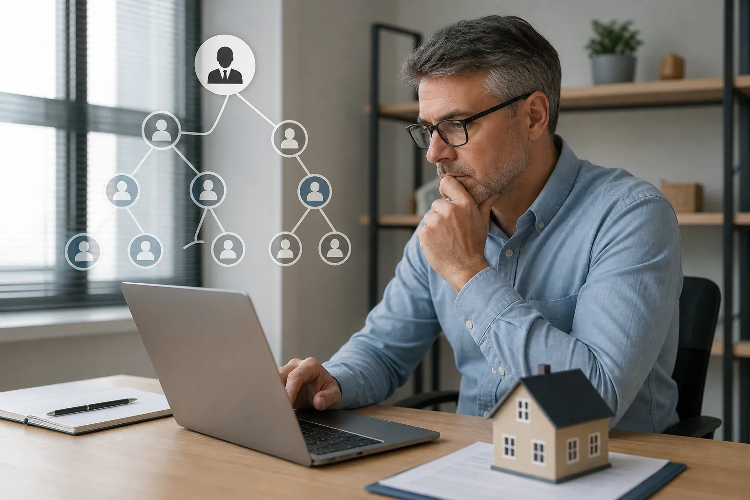 A man with glasses studies a laptop beside an overlaid account hierarchy diagram, with a model house and paperwork on his desk.