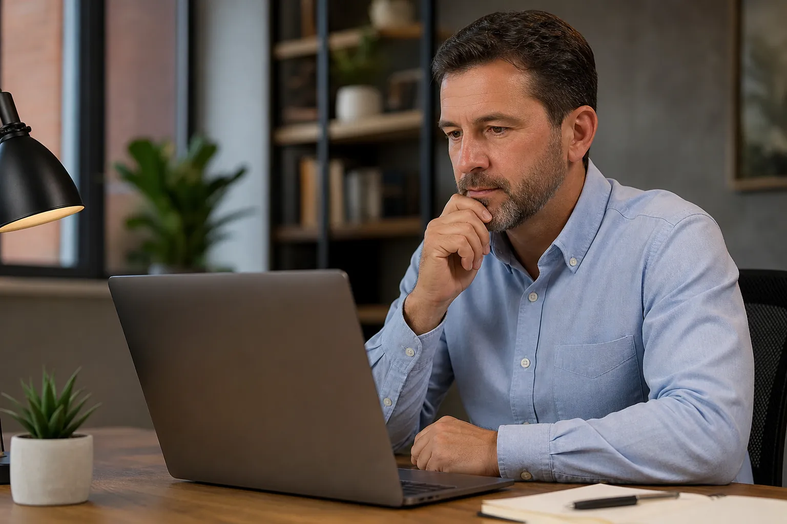 A man in a light blue shirt studies a laptop with one hand on his chin at a wooden desk with plants and a notebook.