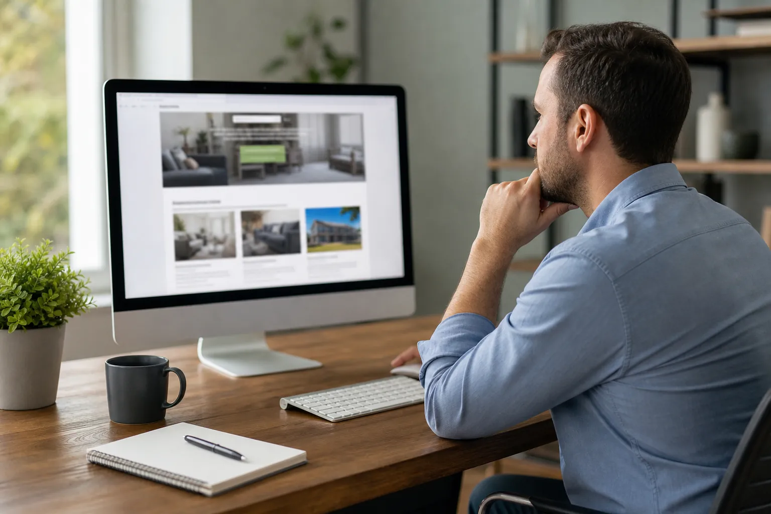 A man rests his hand against his chin while reviewing a website with interior and building photos on a desktop monitor.