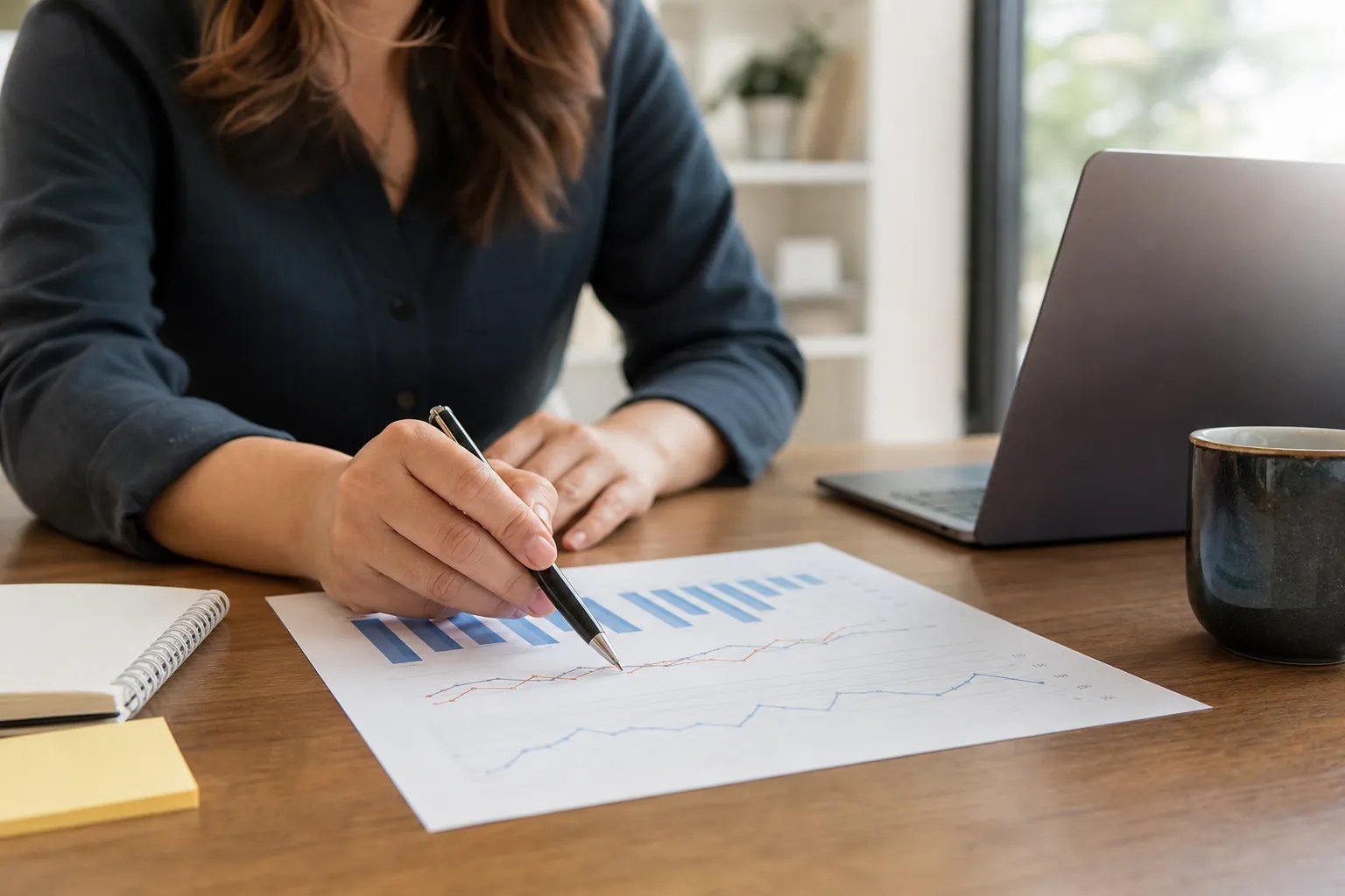 A person points a pen at printed bar and line charts on a wooden desk beside a laptop, notebook, and dark mug.
