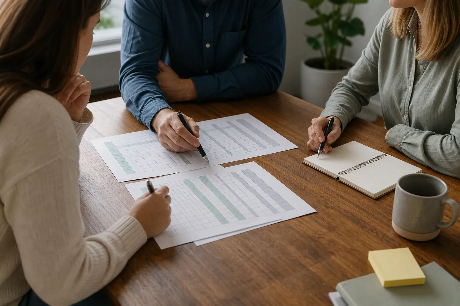 Three people review printed grid sheets at a wooden table, holding pens beside an open spiral notebook and a gray mug.
