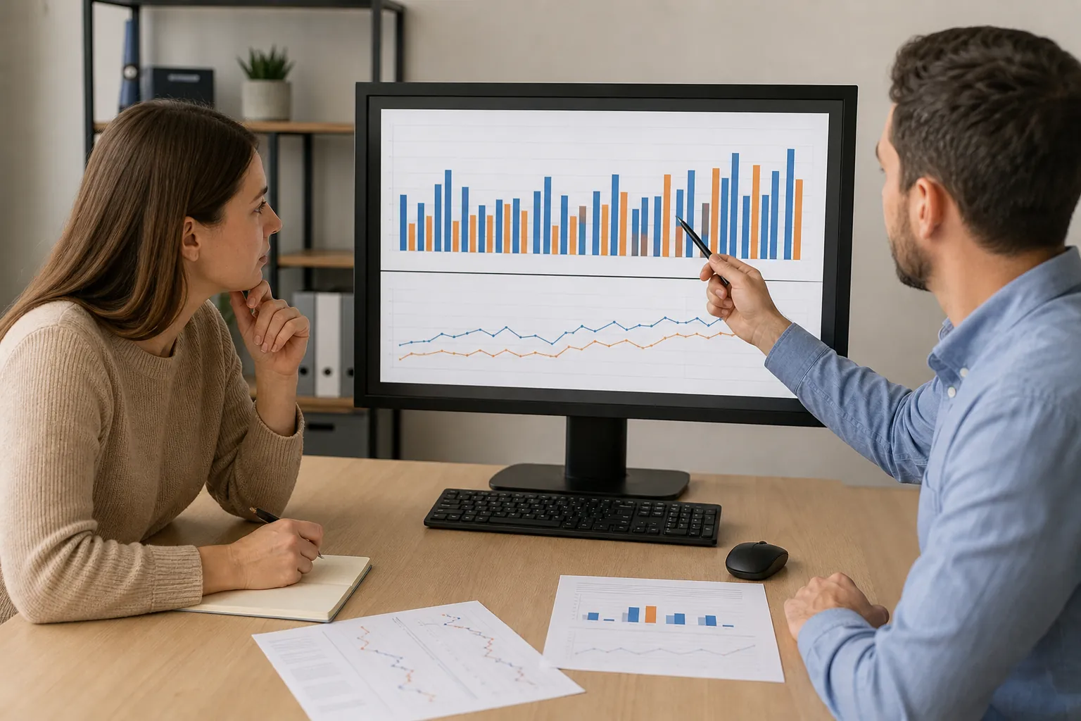 Two colleagues review blue and orange bar and line charts on a desktop monitor, with printed charts spread across the desk.
