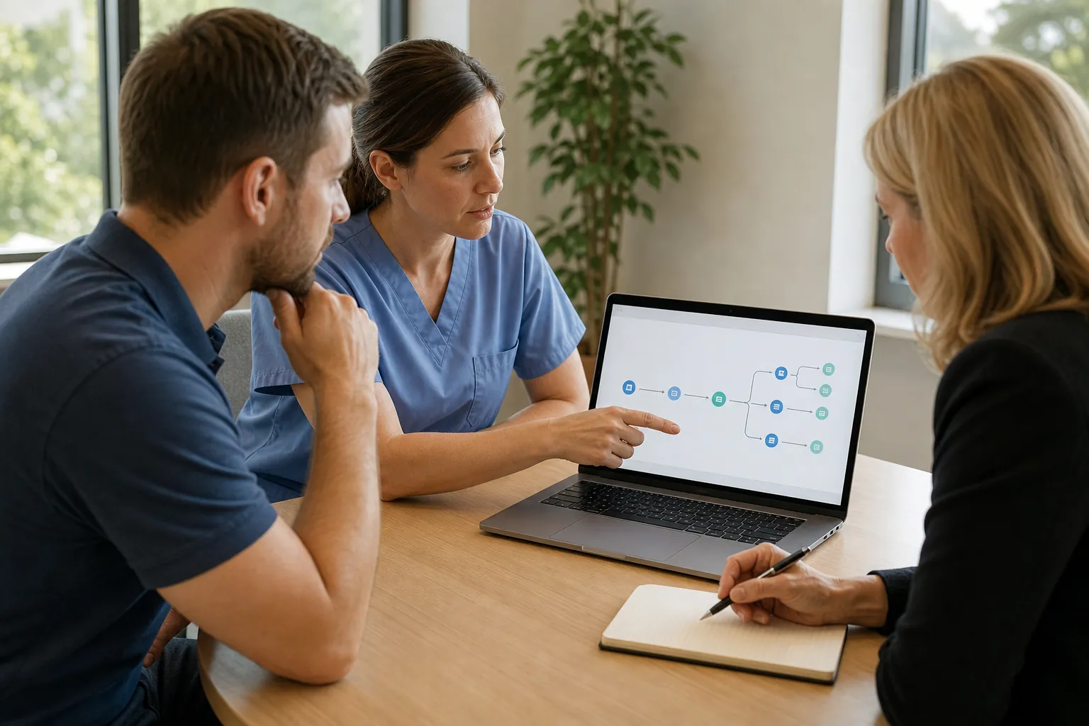Three people, two wearing blue scrubs, review a flowchart on a laptop while one points and another holds a pen over a notebook.
