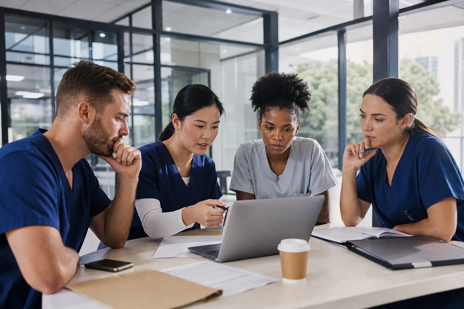 Four healthcare workers in scrubs gather around a laptop at a table with papers, folders, a phone and a takeaway cup.