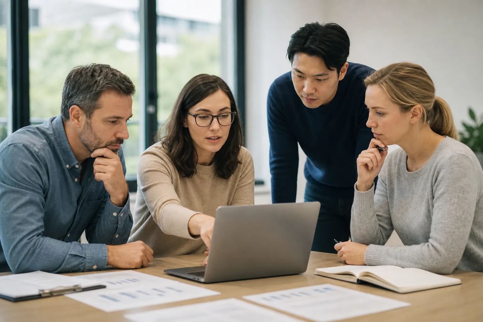 Four colleagues gather around a laptop at a wooden table with printed charts, a clipboard, and an open notebook.