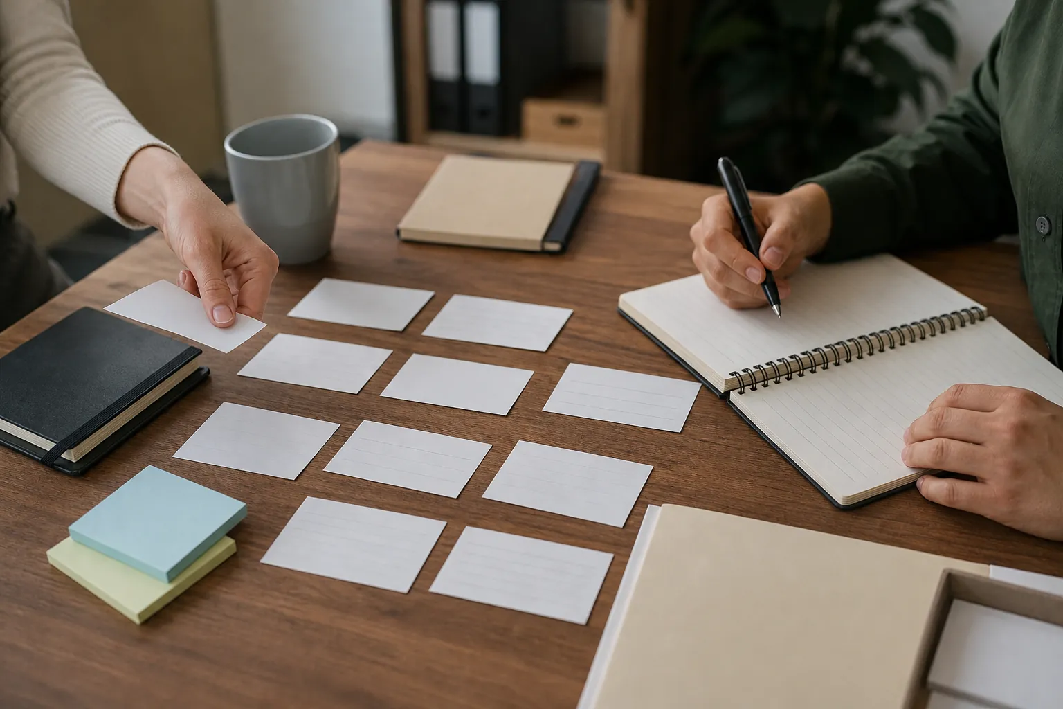 Two people arrange blank index cards on a wooden table while one holds a pen over an open spiral notebook.