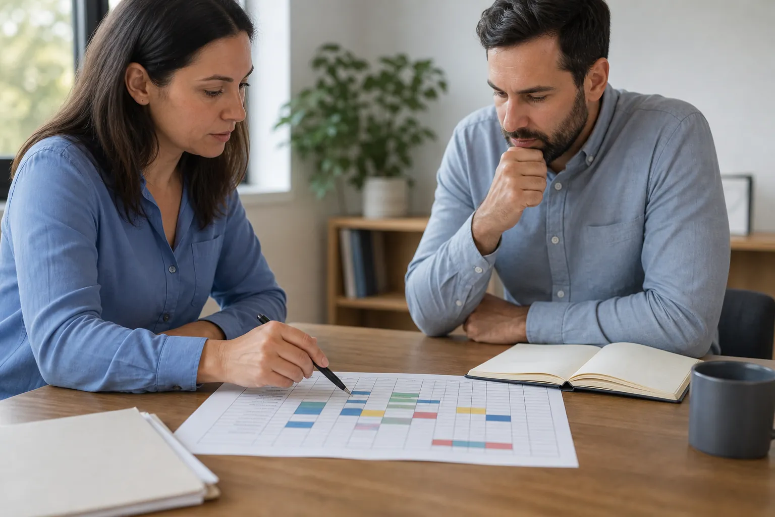 A woman points with a pen at a color-coded grid while a man studies it beside an open notebook at a wooden table.