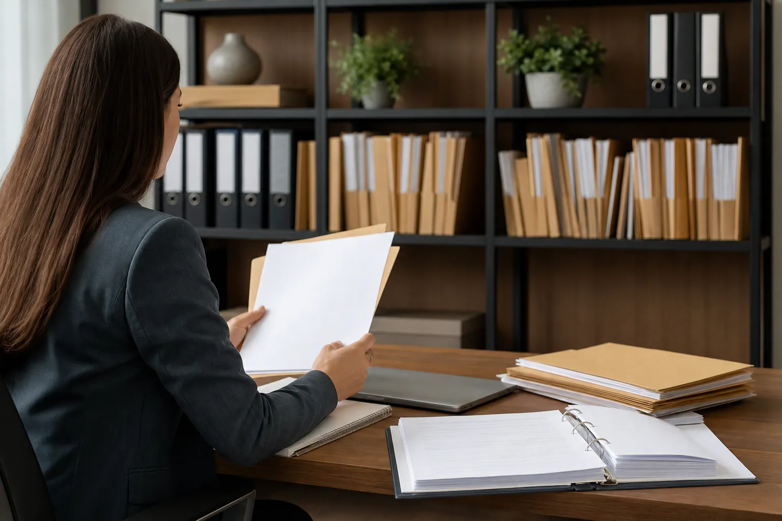 A woman reviews papers at an office desk with an open ring binder, stacked folders, and a closed laptop beside her.