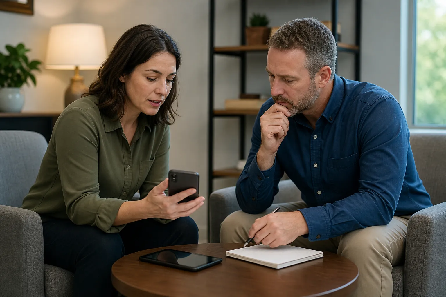 A woman shows a smartphone to a seated man holding a pen, with a tablet and blank notebook on the coffee table.