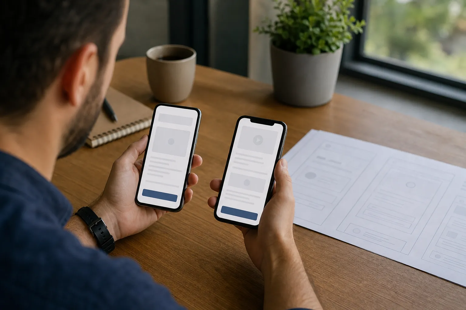 A man holds two smartphones displaying page layouts beside printed mobile wireframes on a wooden desk.