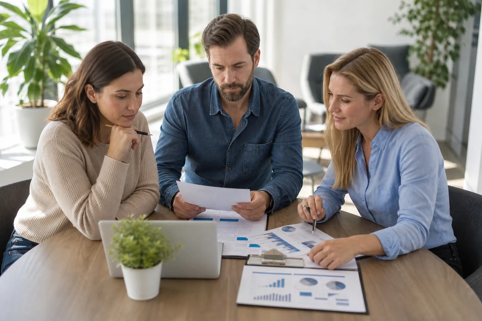 Three colleagues review printed charts at a wooden table with a laptop, a clipboard, and a small potted plant.