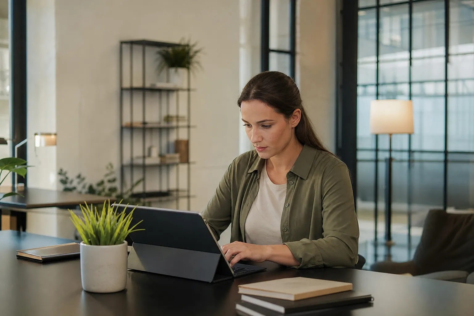 Woman Working on a Tablet in a Modern Office A woman works on a tablet with a keyboard at a dark office table beside a potted plant and stacked notebooks.