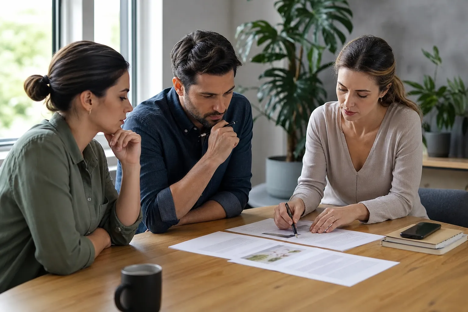 Three adults review printed documents at a wooden table while one woman points to a page with a pen.