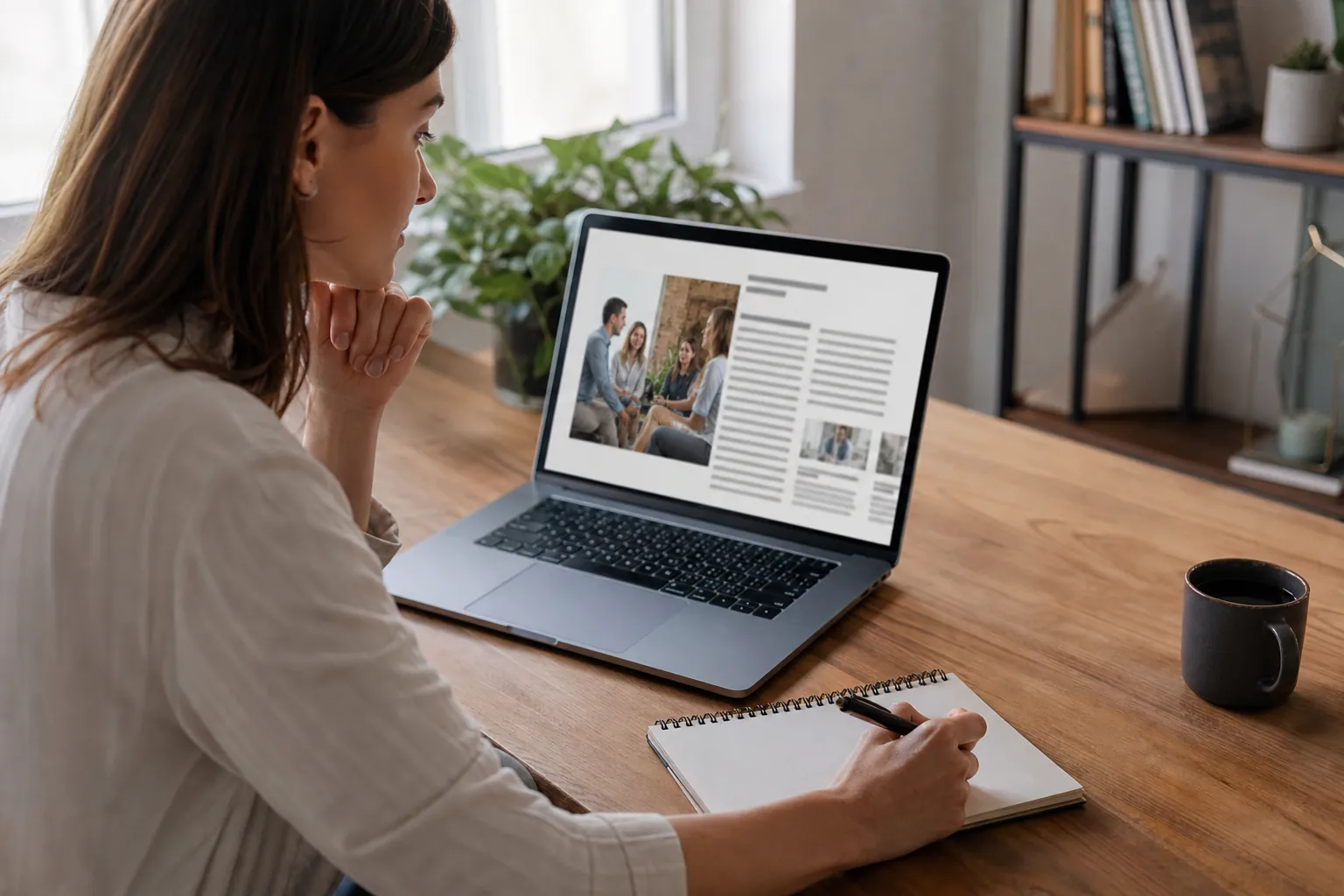 Reviewing an Article Sample on a Laptop A woman reviews an article layout on a laptop while holding a pen over a spiral notebook at a wooden desk.