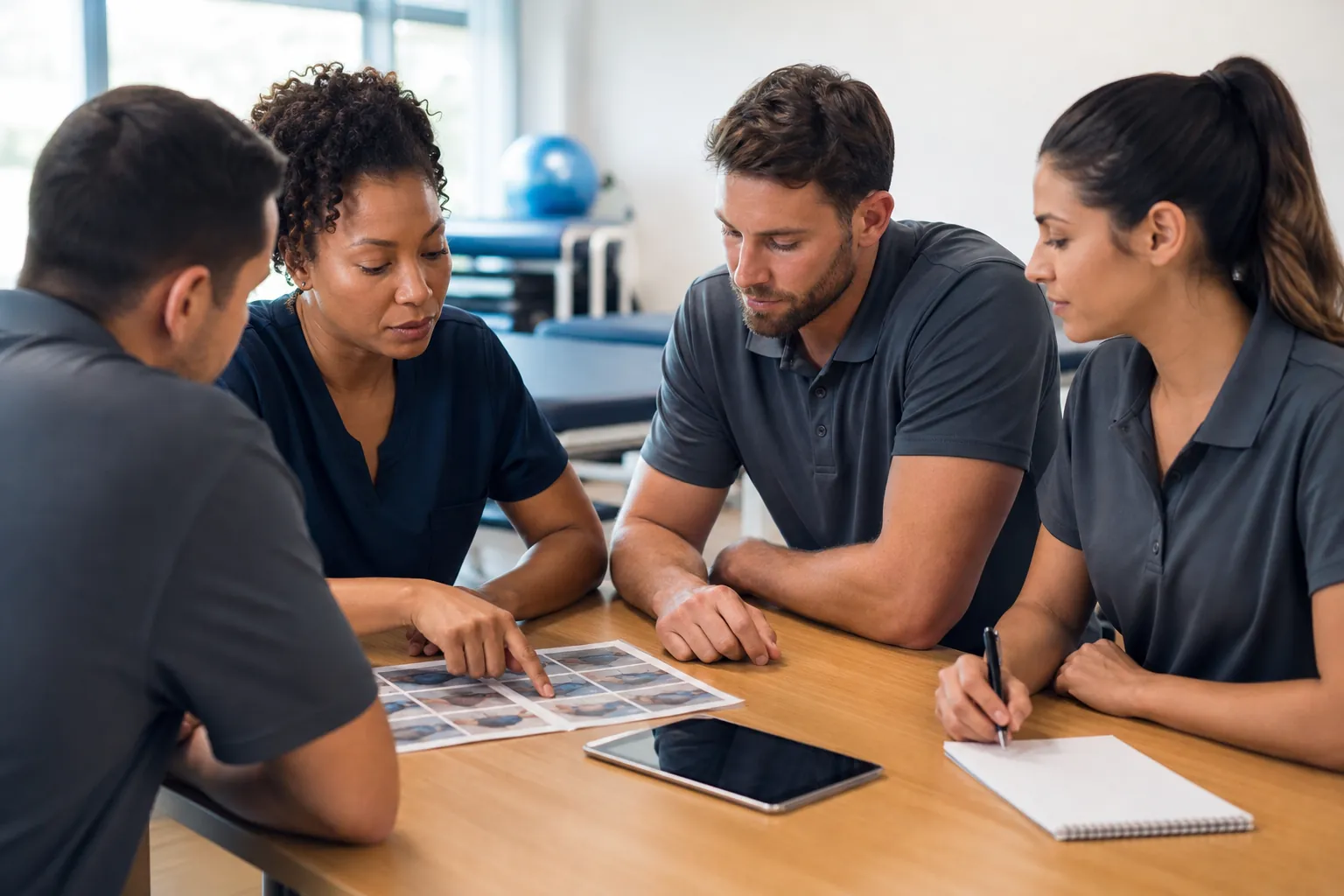 Four colleagues review printed photos at a table in a clinical room, with a tablet nearby and one woman taking notes.