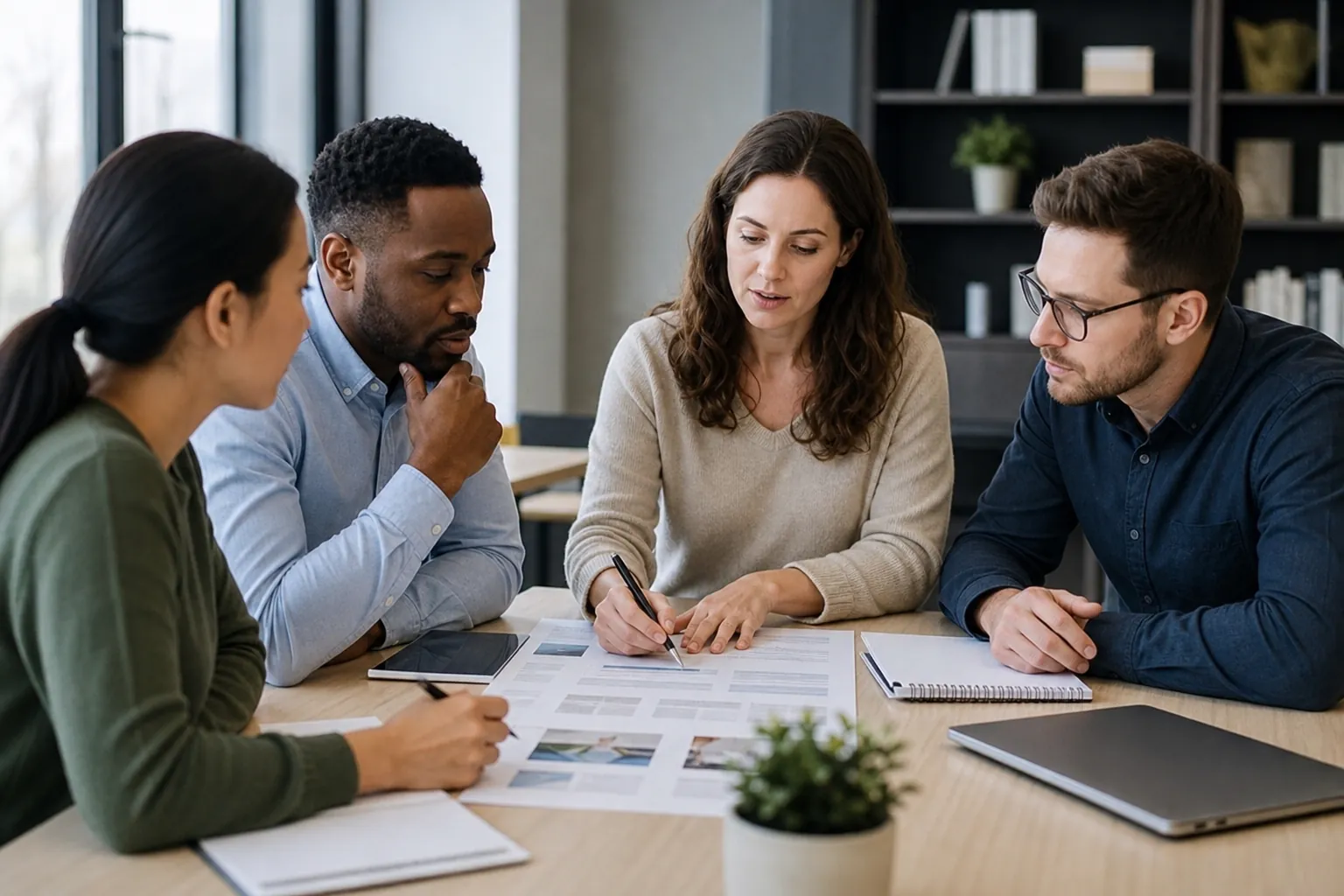 Four colleagues review printed page layouts at a table with notebooks, pens, a closed laptop and a small potted plant.
