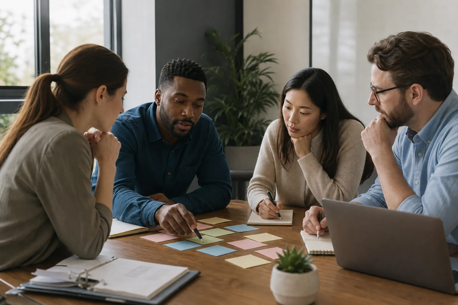 Four colleagues discuss colorful sticky notes around a wooden table with notebooks, pens, a laptop, and small plants.