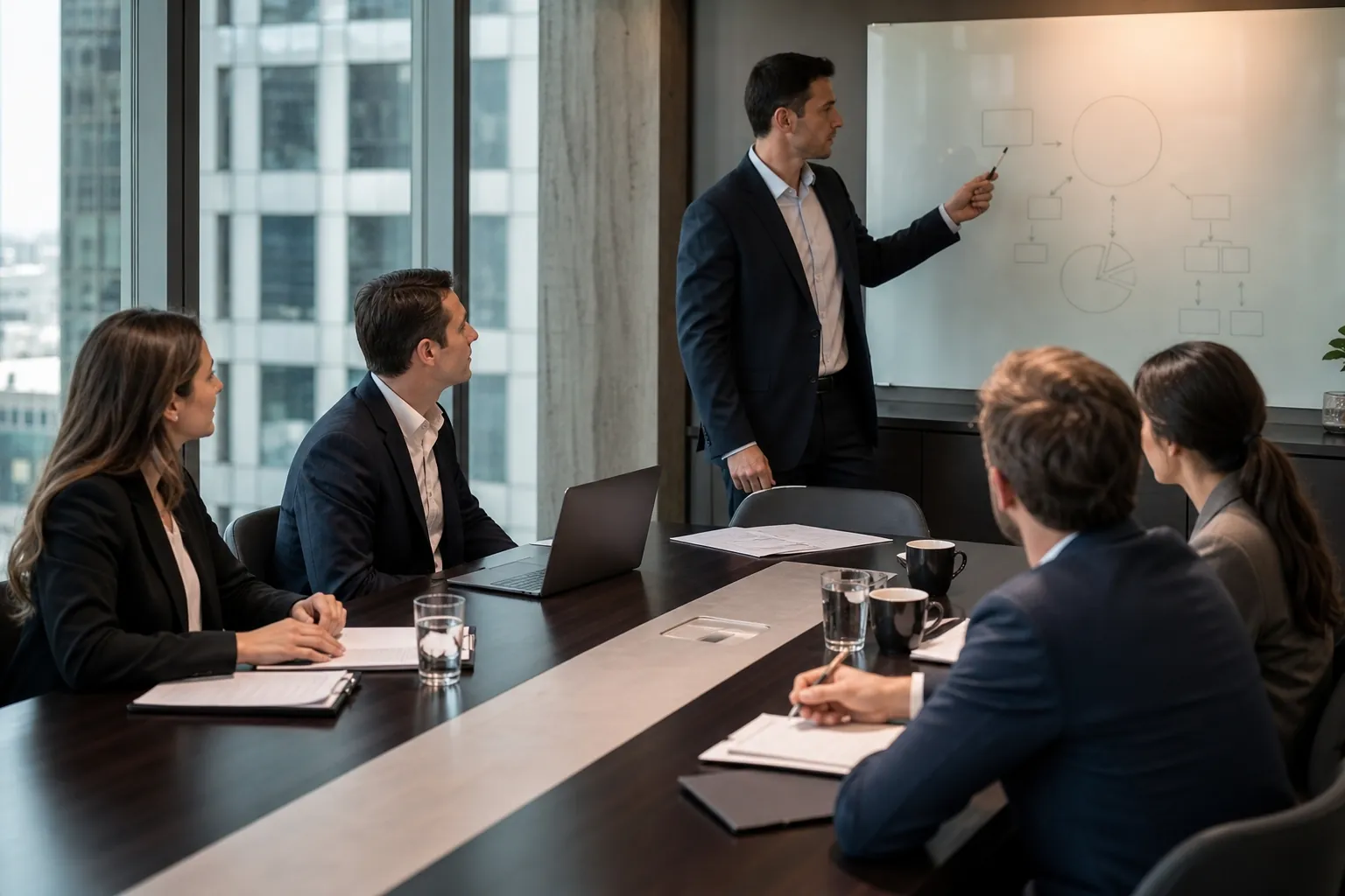 Business consultant presents a workflow diagram to five colleagues seated around a conference table.