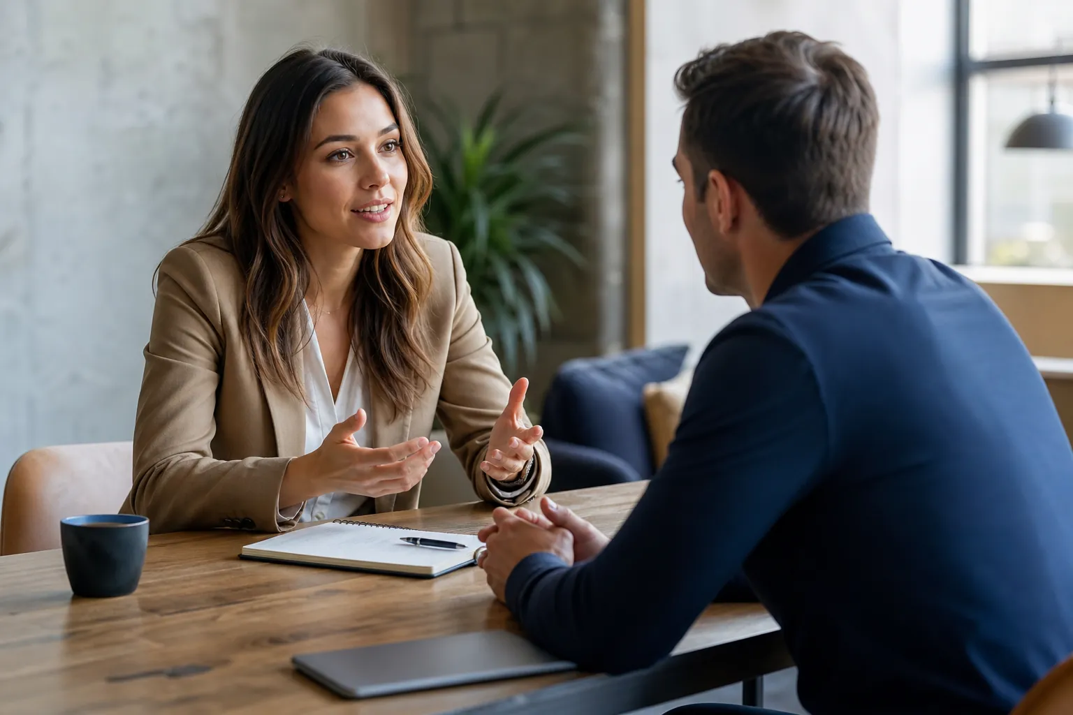 A woman gestures while discussing goals with a man across a table with a notebook, pen, tablet, and coffee cup.