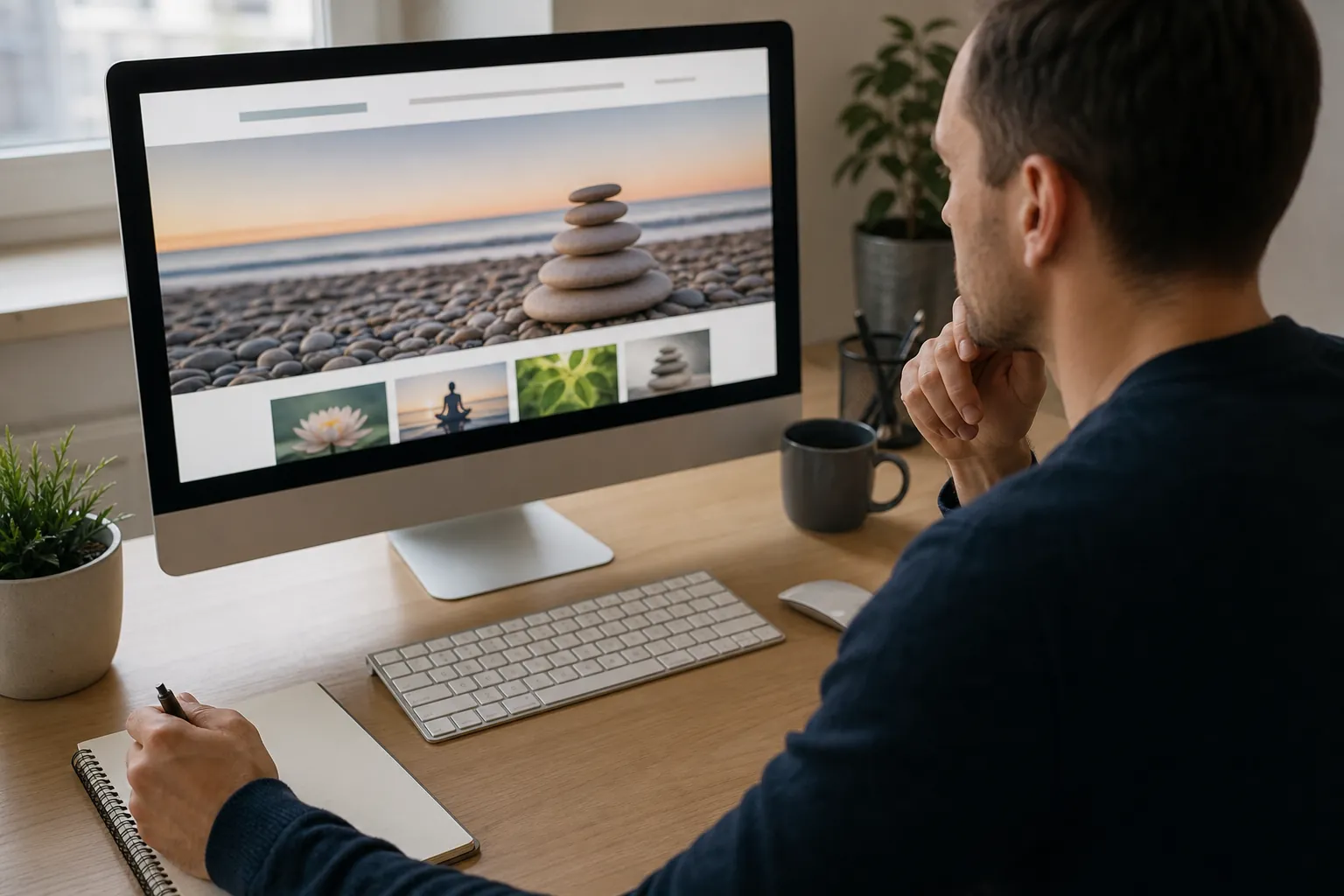 A man reviews a wellness-themed website on a desktop monitor, holding a pen over a notebook with his other hand at his chin.