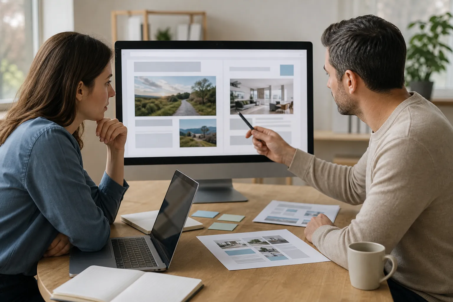 Two colleagues review website layouts on a desktop monitor, with a laptop, printed mockups, and sticky notes on the table.