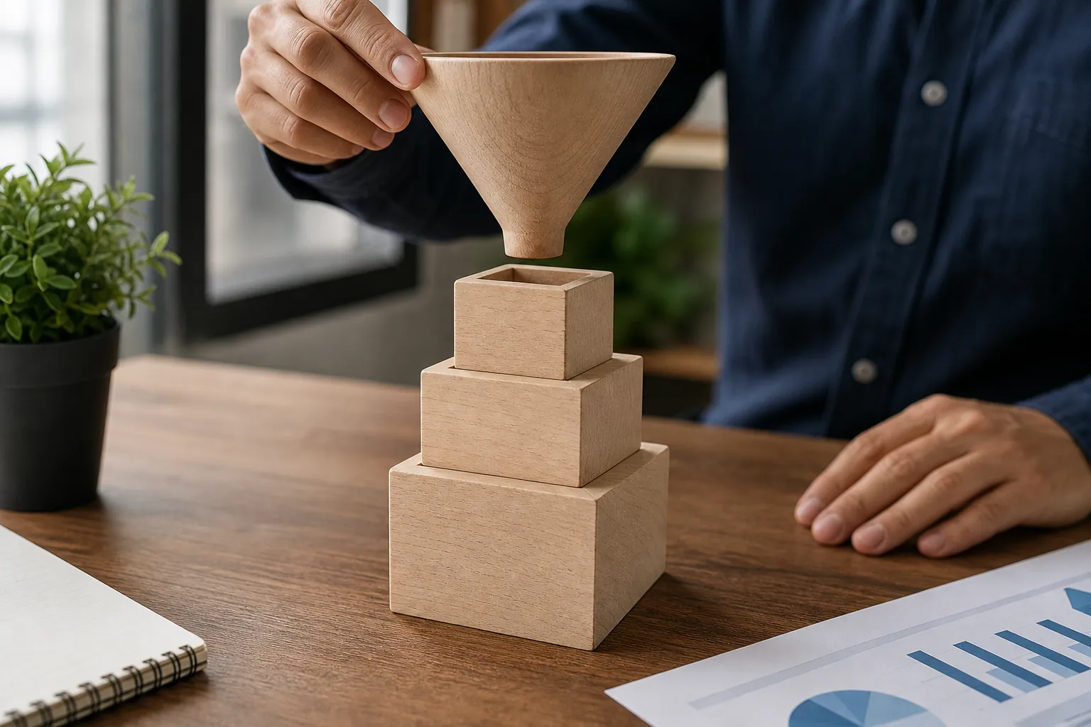 Wooden Funnel and Stacked Blocks Beside Business Charts A person holds a wooden funnel above three stacked wooden blocks on a desk beside printed charts, a notebook, and a plant.